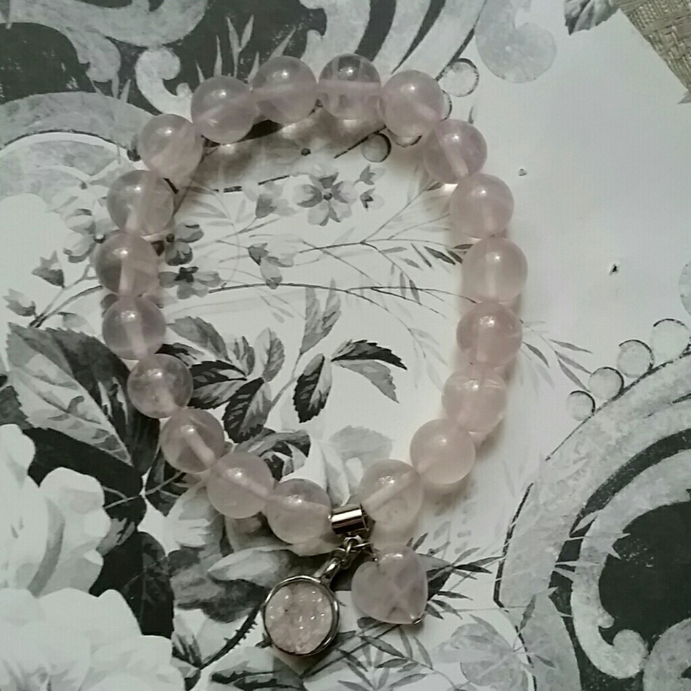 Rose quartz Stone bracelet with drusy heart charm